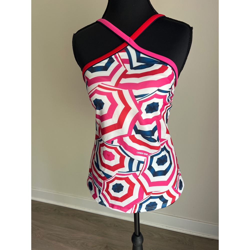Lands End Women's Pink Red Umbrella Print Halter Tankini Swim Top Size 2 NWOT